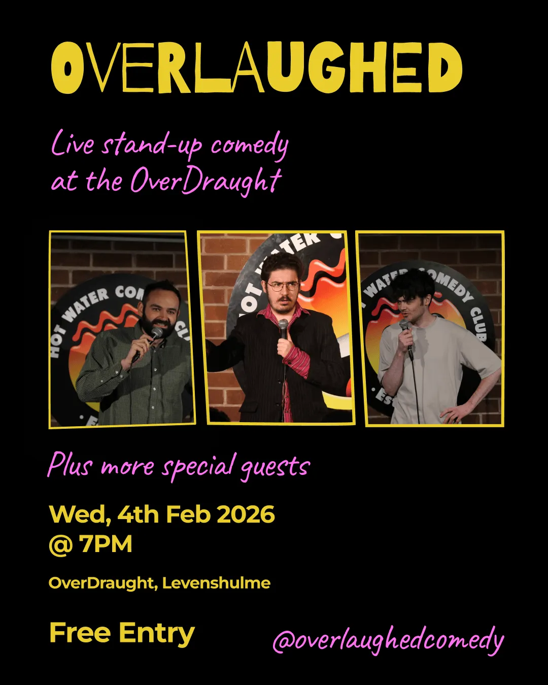 Overlaughed comedy show poster – March 2026